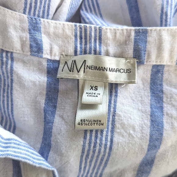 Neiman Marcus Blue & White Striped Boho Fringe Embroidered Sleeve Dress - Picture 2 of 7